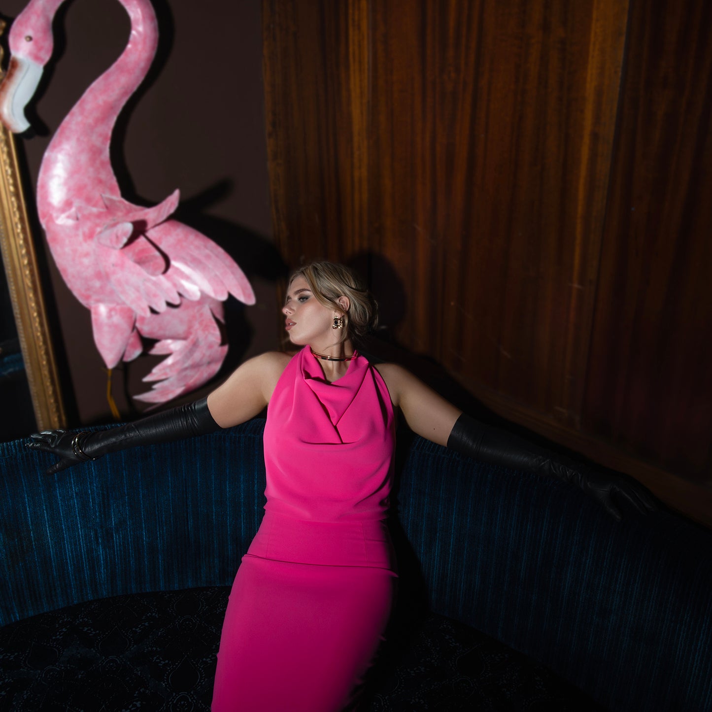 Neon pink Halter-neck With Mint Ribbon Dress