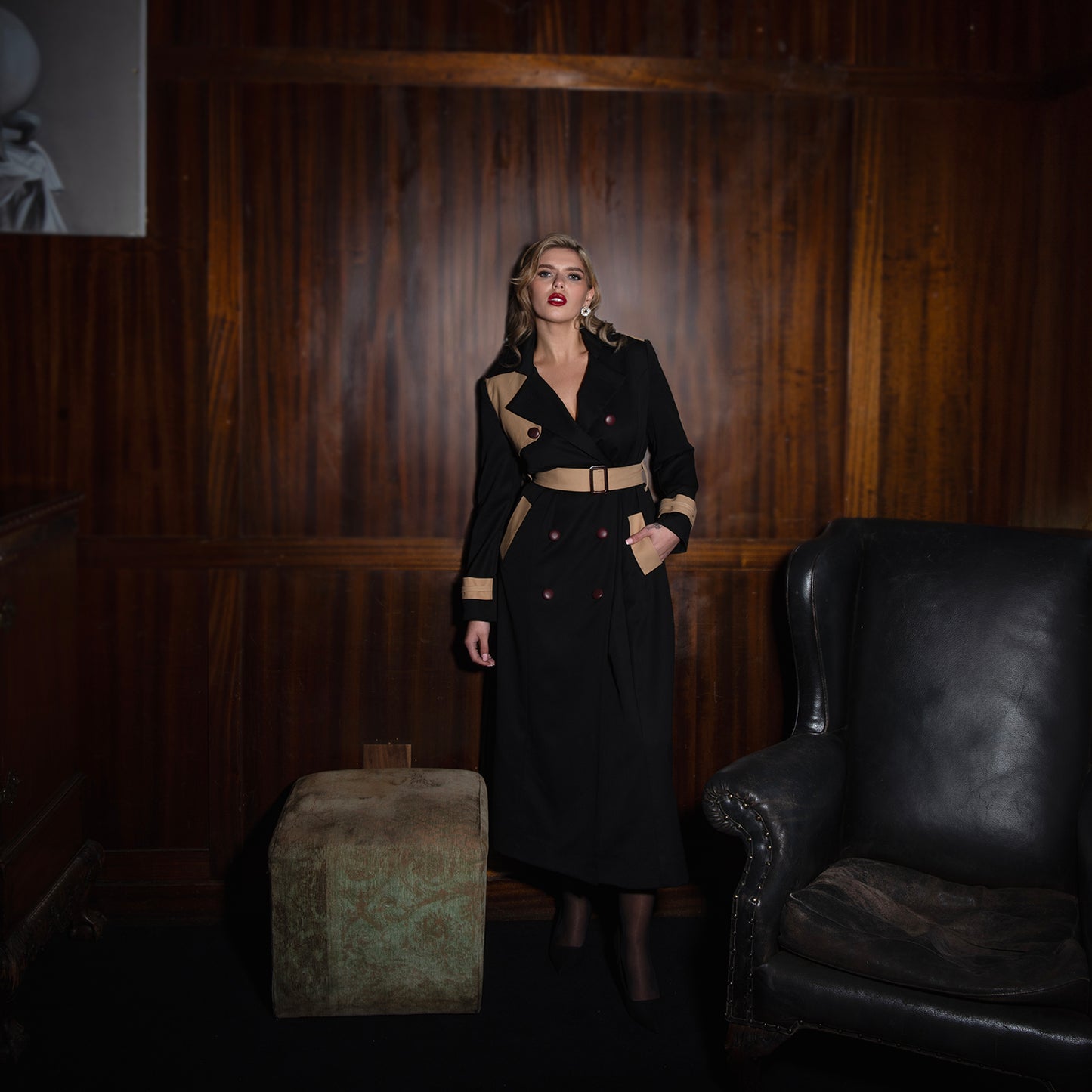 Black Pure Wool With Camel Flap and Belt Trench Coat