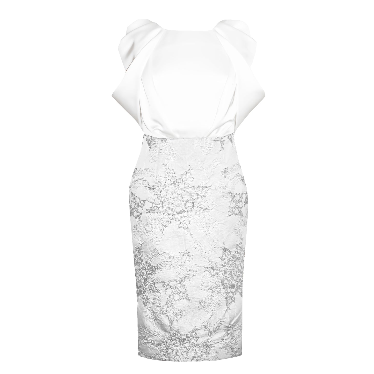 White Satin Floral Sleeve Silver Jacquard Embroidery Dress