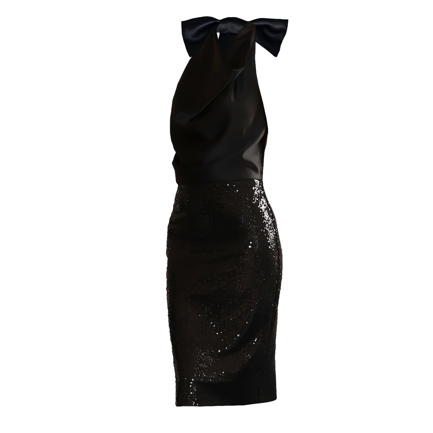 Black Satin Halter Neck Sequin Pencil Dress