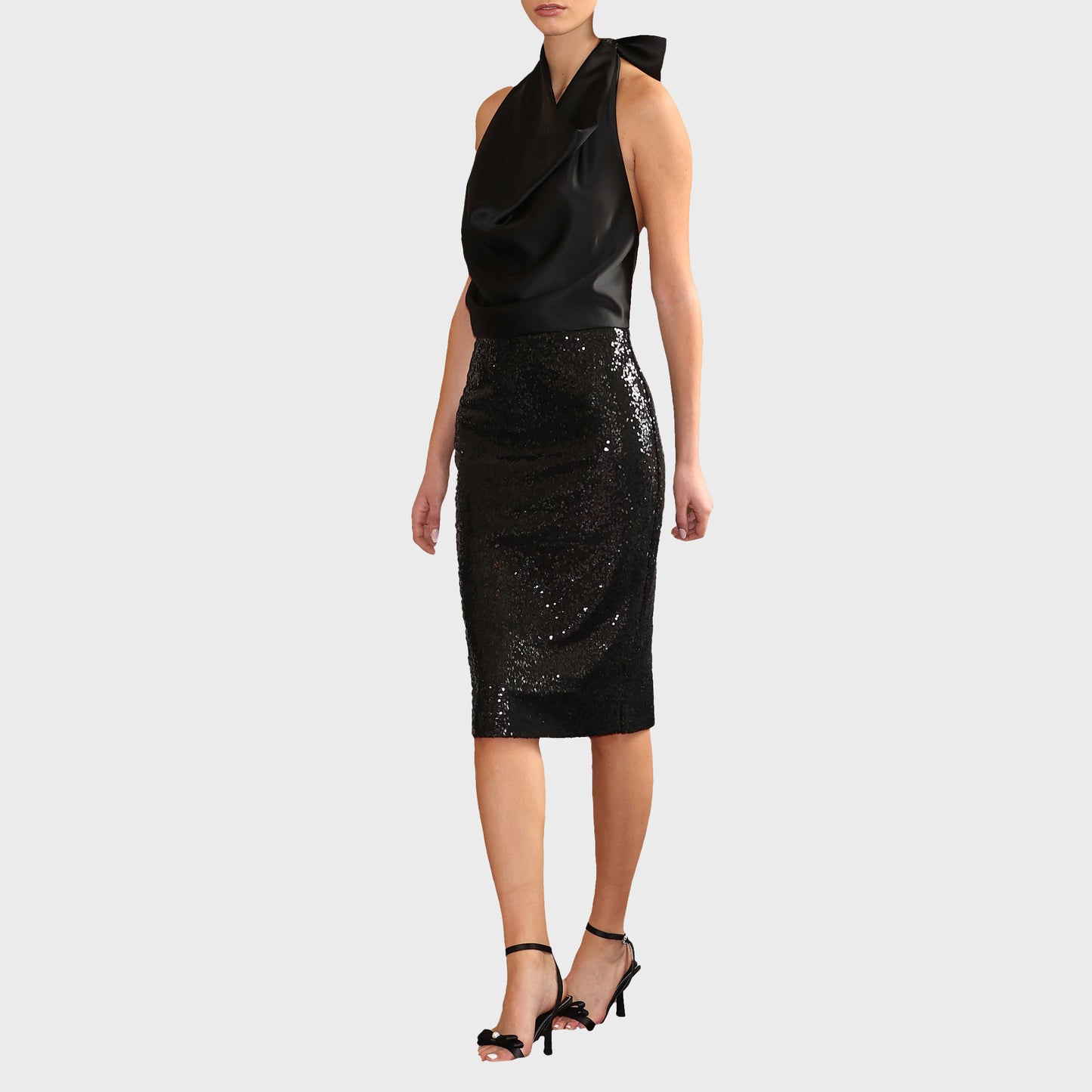 Black Satin Halter Neck Sequin Pencil Dress