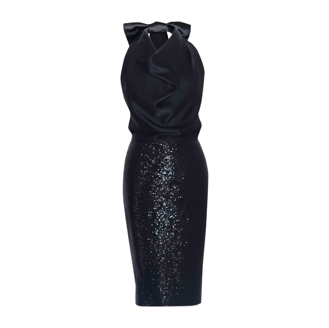 Black Satin Halter Neck Sequin Pencil Dress