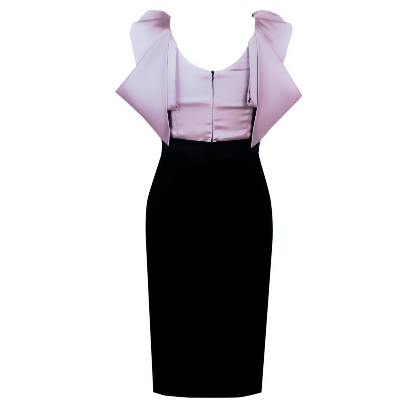 Champagne Pink Satin Floral Sleeve Black Crepe Pencil Skirt Dress