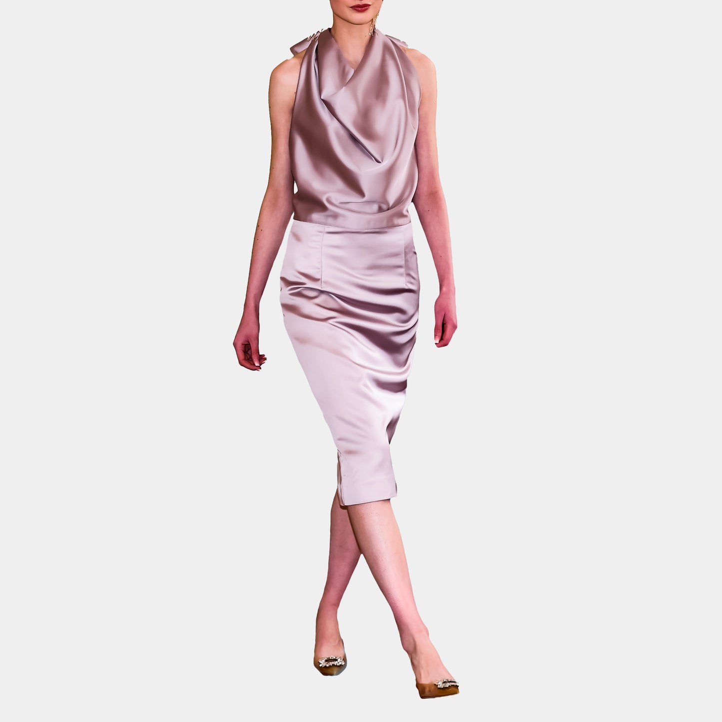 Champagne Pink Satin Halter Neck Back Ribbon Dress