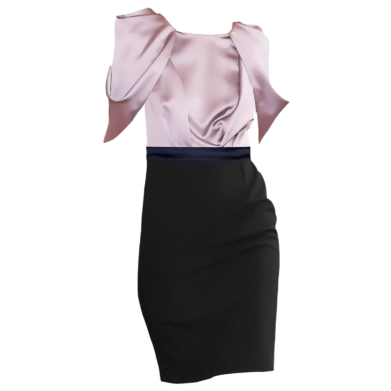 Champagne Pink Satin Floral Sleeve Black Crepe Pencil Skirt Dress