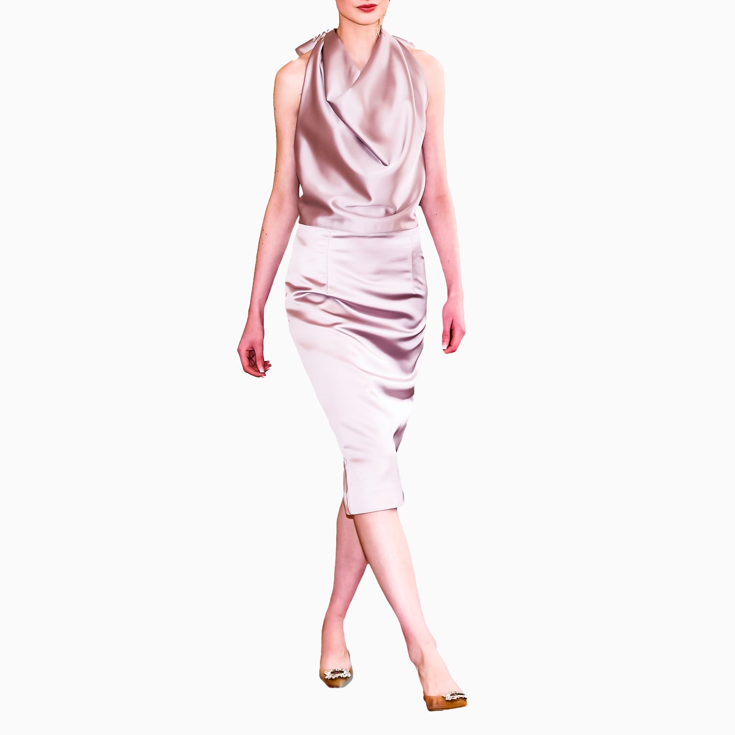 Champagne Pink Satin Halter Neck Back Ribbon Dress