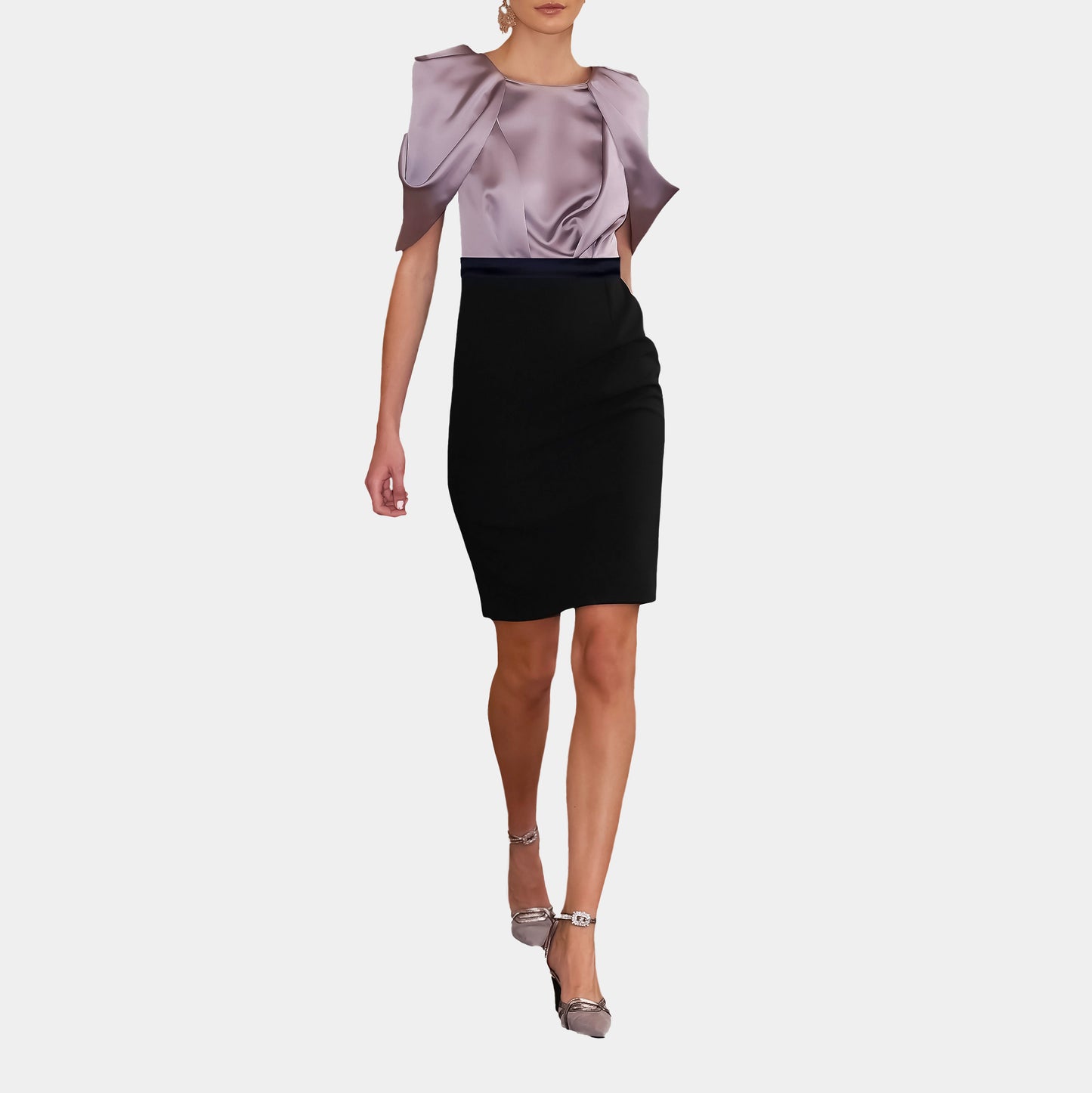 Champagne Pink Satin Floral Sleeve Black Crepe Pencil Skirt Dress