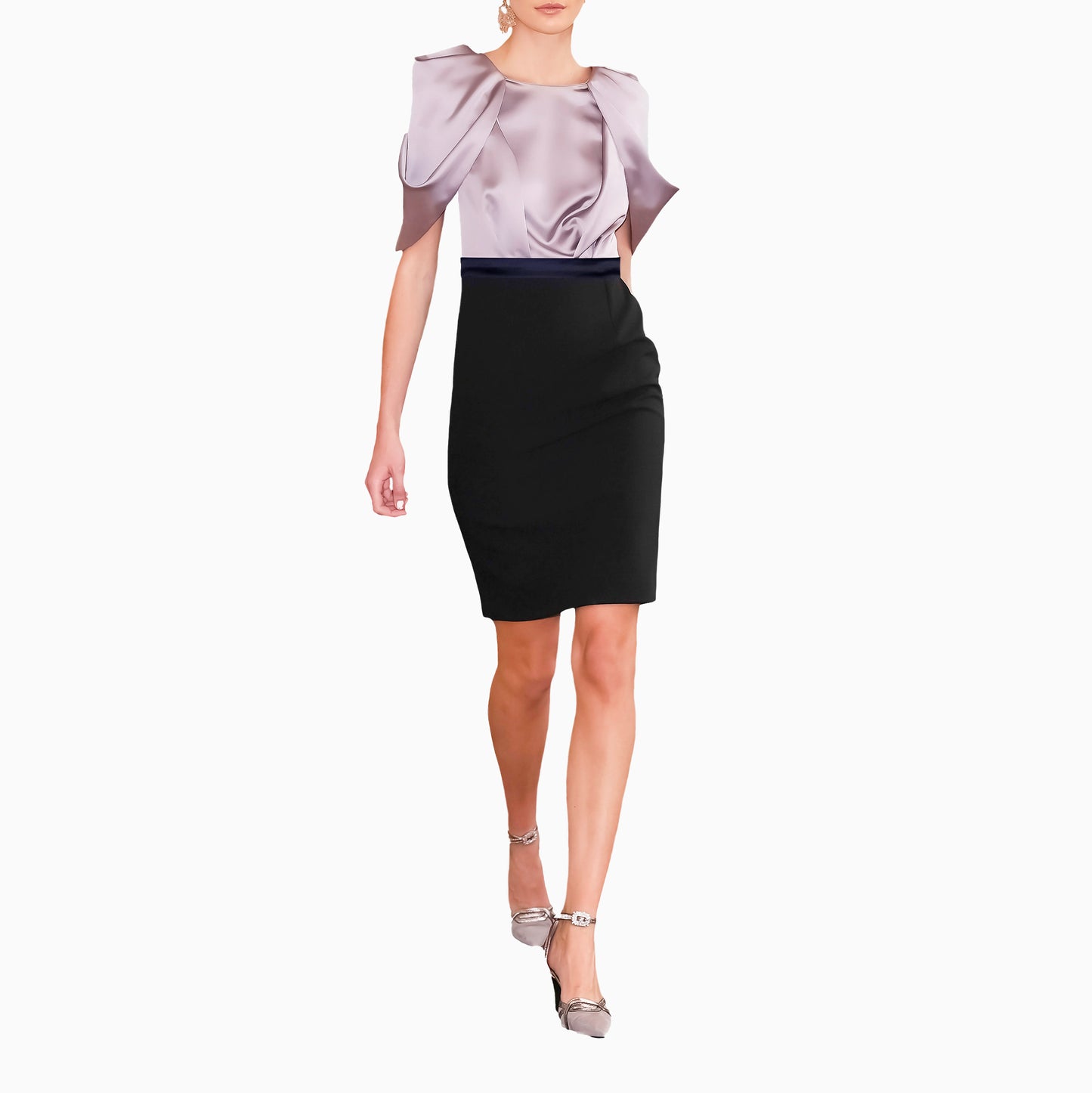 Champagne Pink Satin Floral Sleeve Black Crepe Pencil Skirt Dress