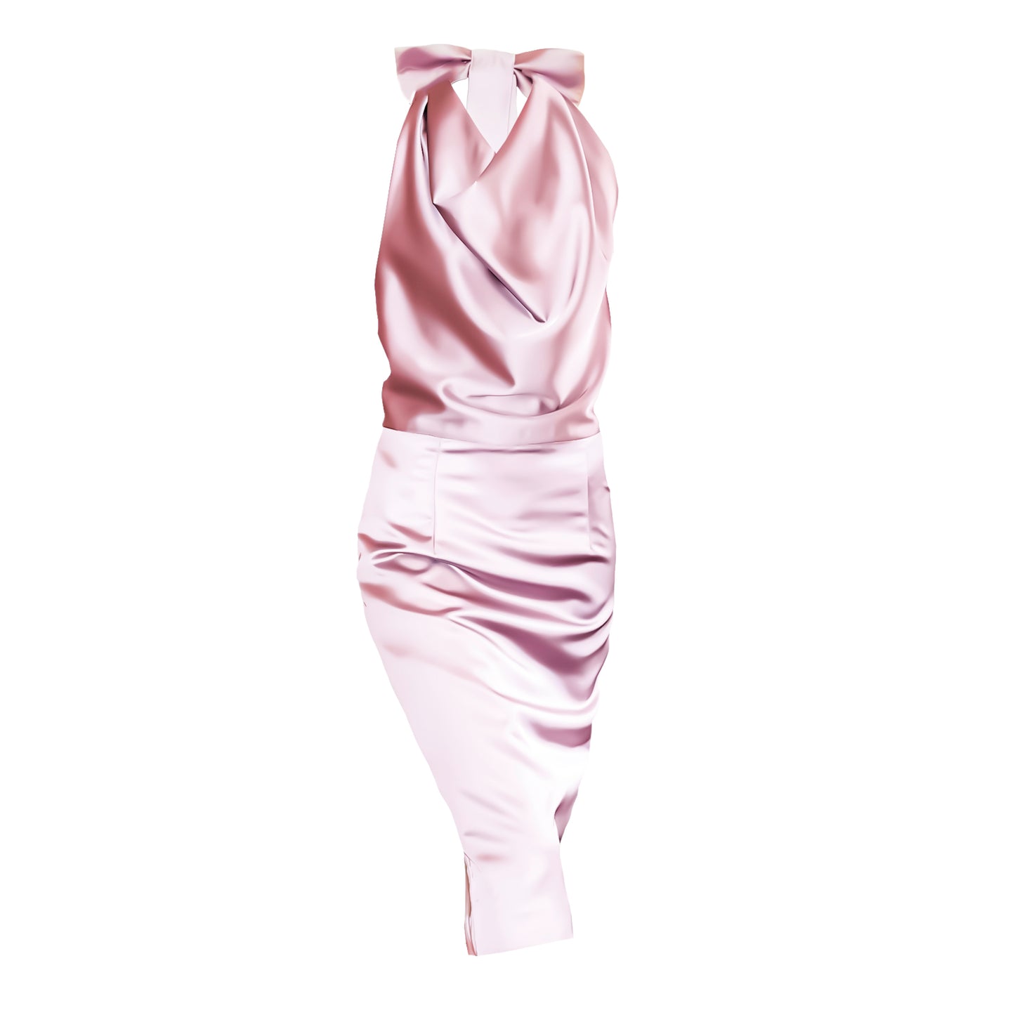 Champagne Pink Satin Halter Neck Back Ribbon Dress