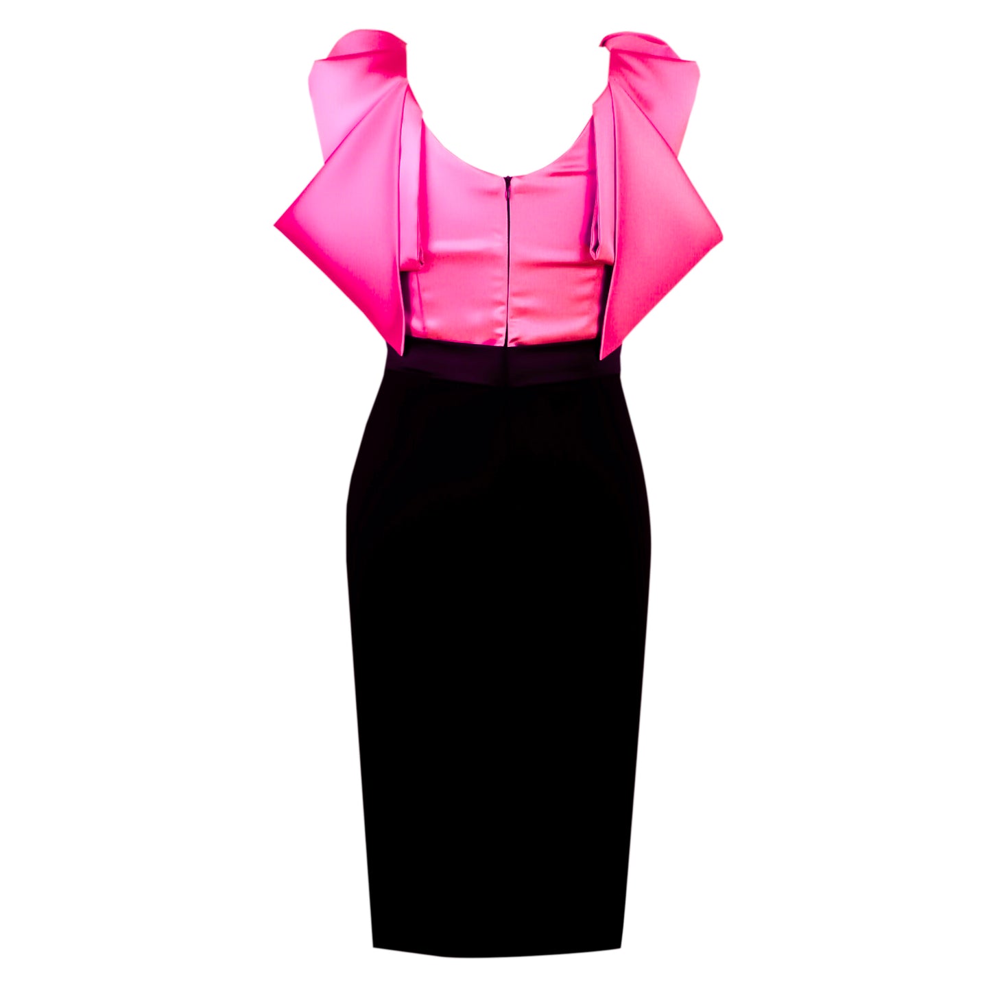 Cherry Pink Satin Floral Sleeve Black Crepe Pencil Skirt Dress