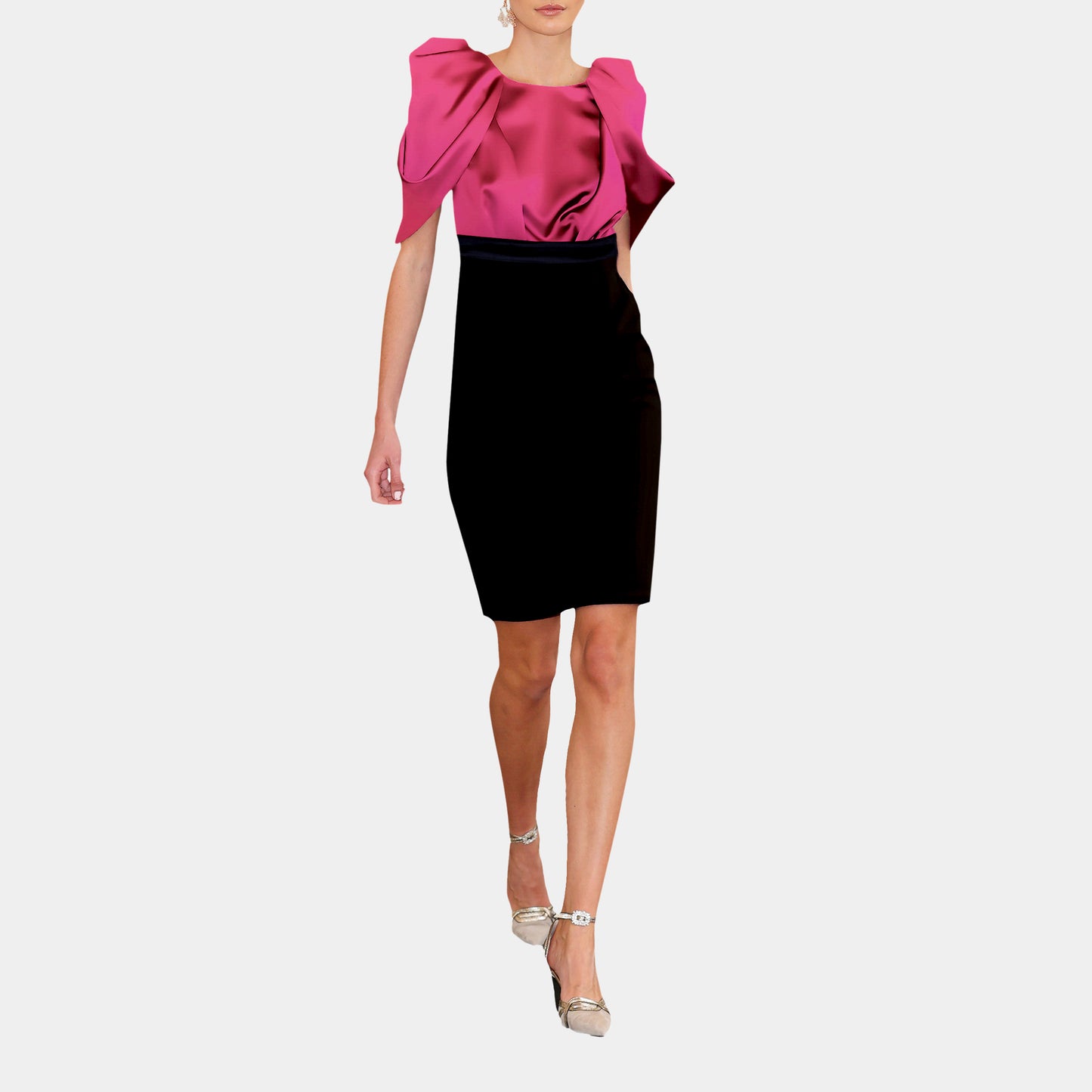 Cherry Pink Satin Floral Sleeve Black Crepe Pencil Skirt Dress