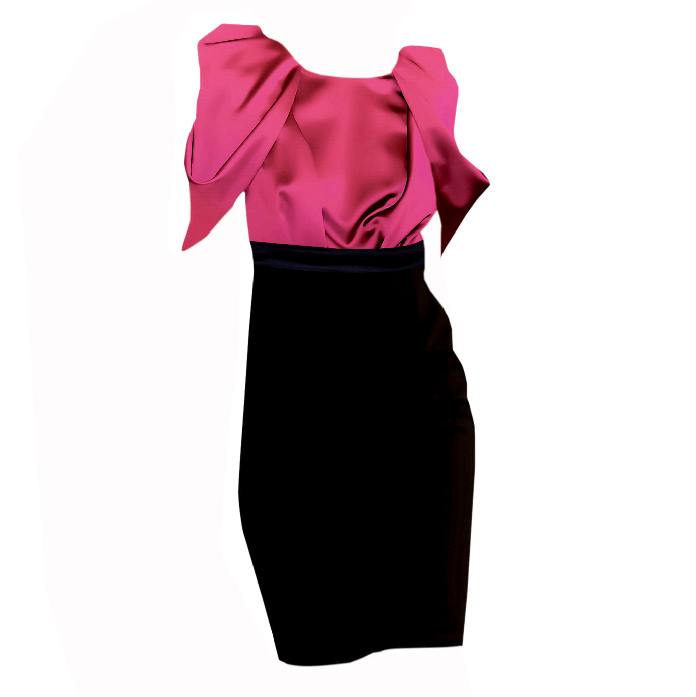 Cherry Pink Satin Floral Sleeve Black Crepe Pencil Skirt Dress