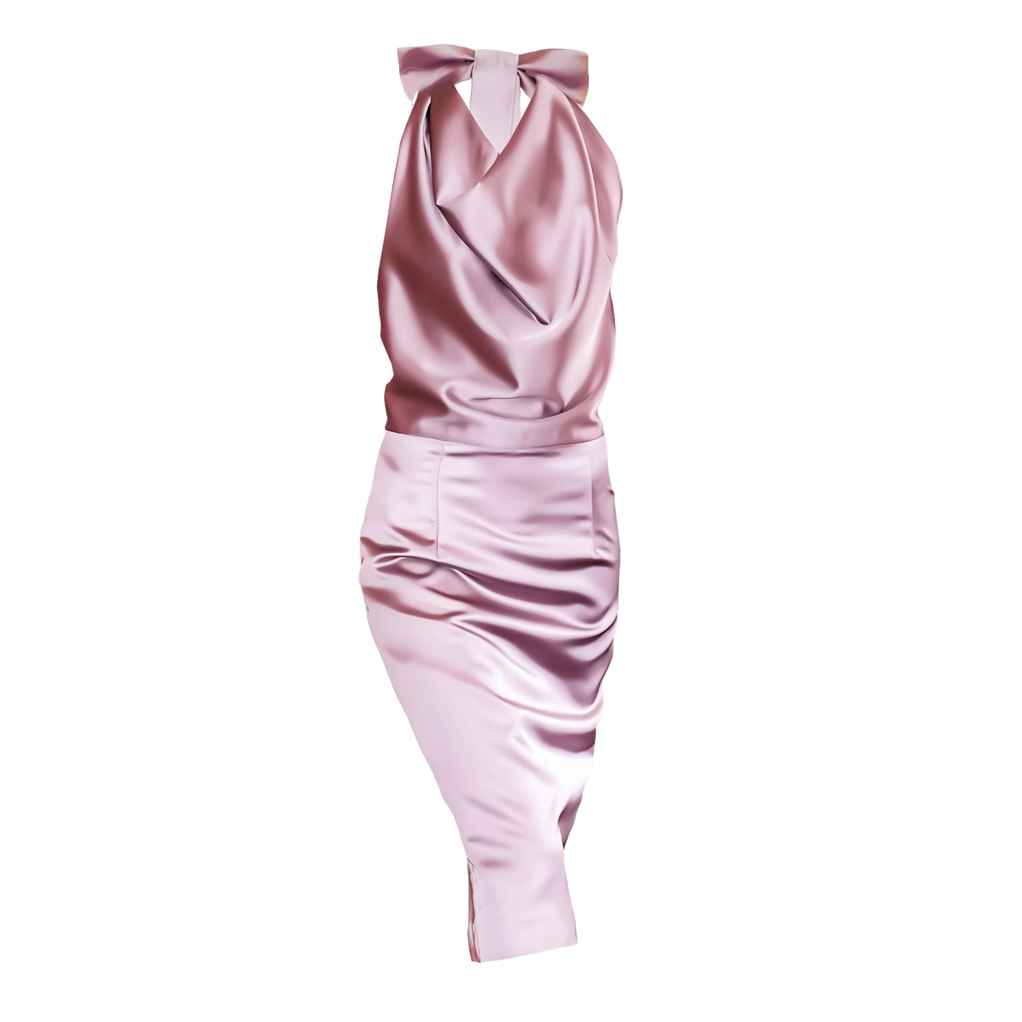 Champagne Pink Satin Halter Neck Back Ribbon Dress