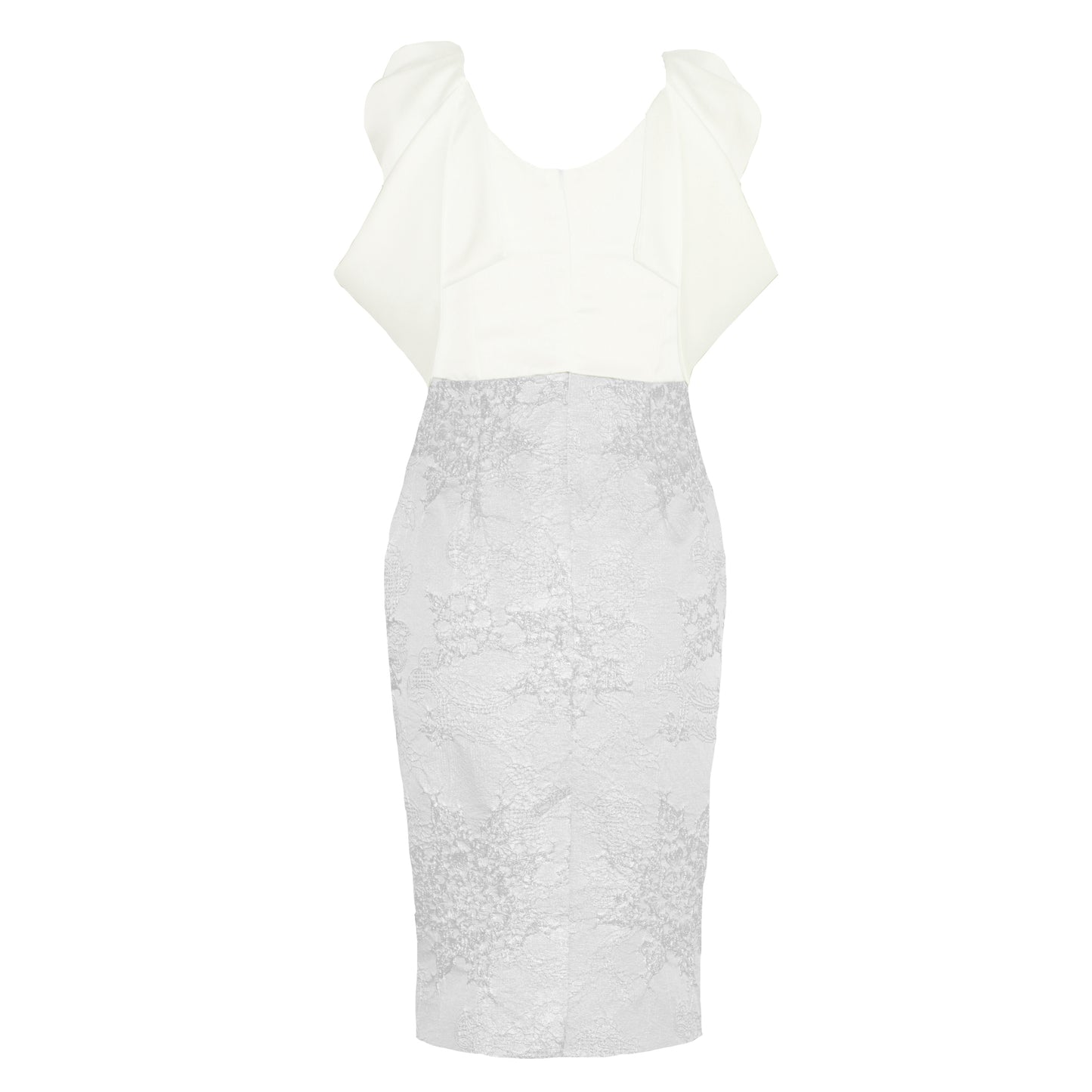 White Satin Floral Sleeve Silver Jacquard Embroidery Dress