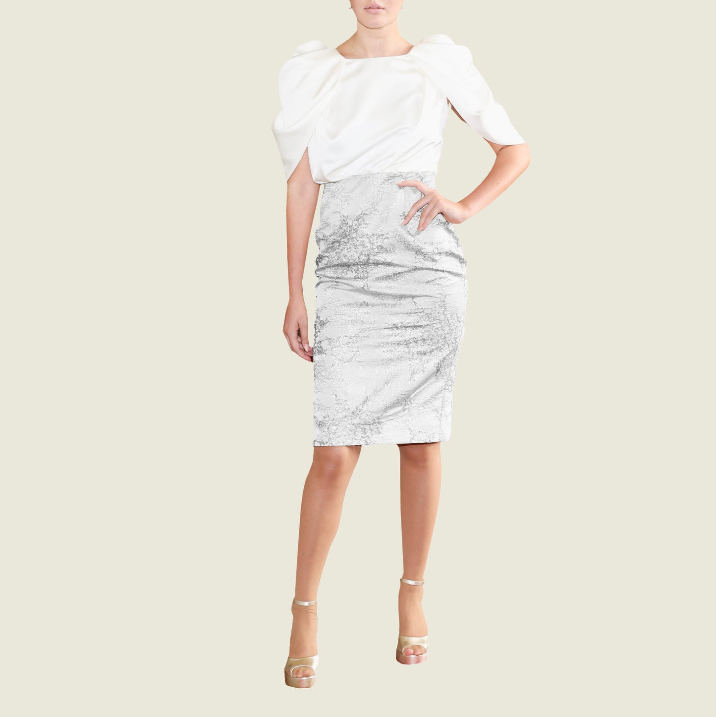White Satin Floral Sleeve Silver Jacquard Embroidery Dress