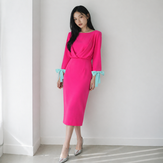 Rosie Neon Pink Midi Dress with Mint Bow Sleeves