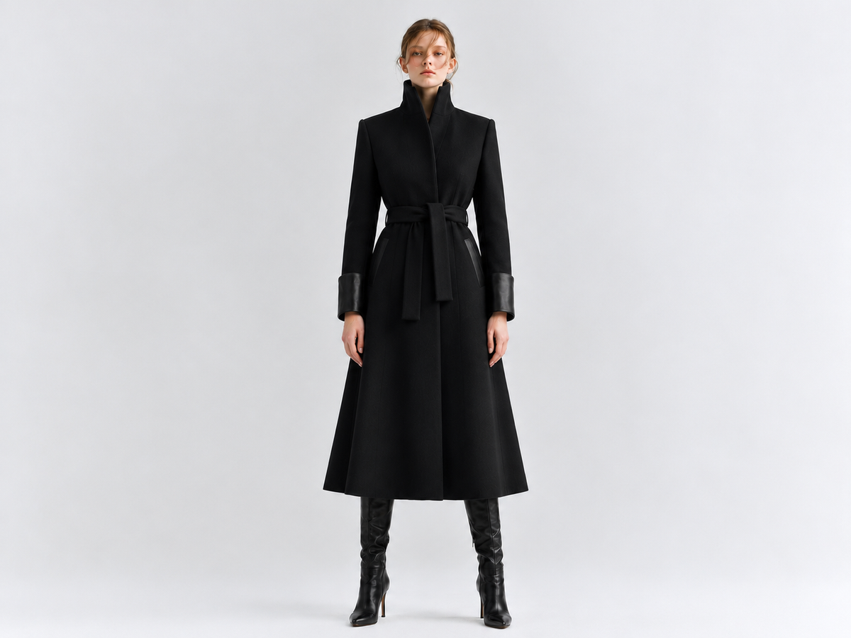 Black Lambskin Trimmed Flared Pure Wool Coat