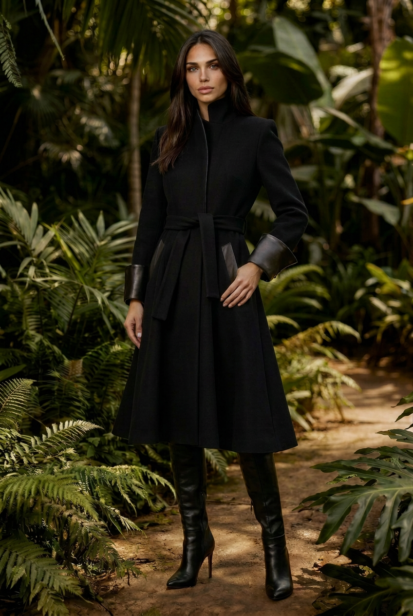Black Lambskin Trimmed Flared Pure Wool Coat