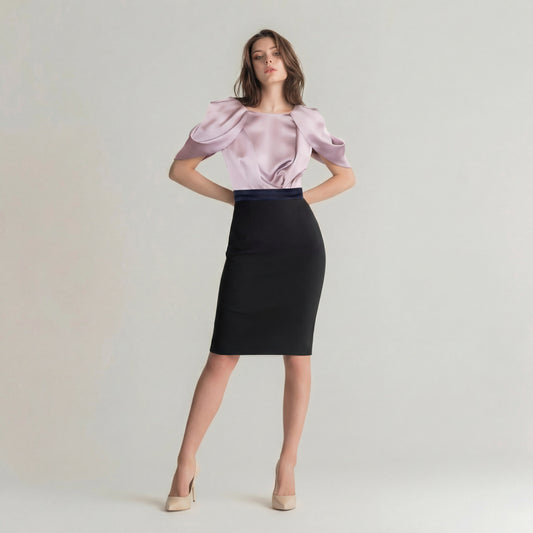 Champagne Pink Satin Floral Sleeve Black Crepe Pencil Skirt Dress