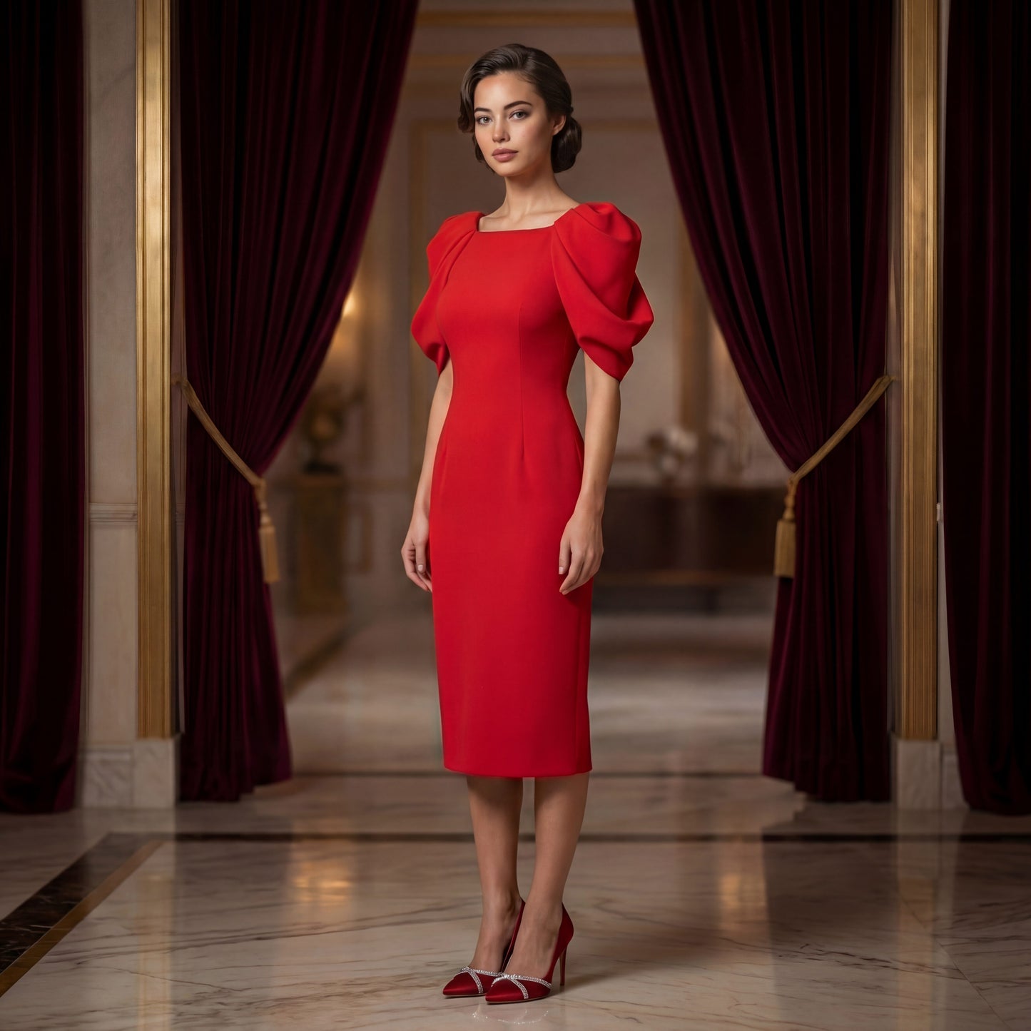 Red Floral Sleeve Crepe Dress