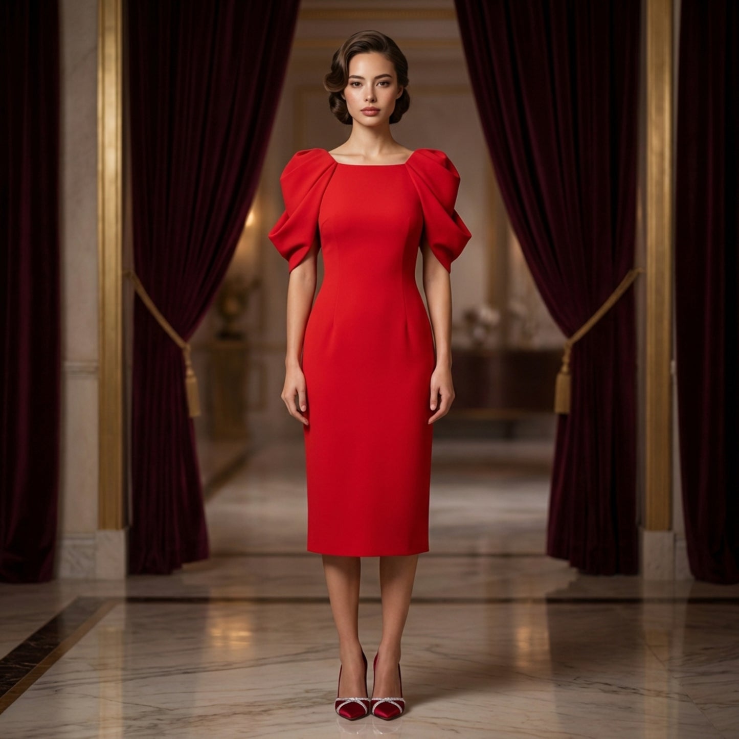 Red Floral Sleeve Crepe Dress