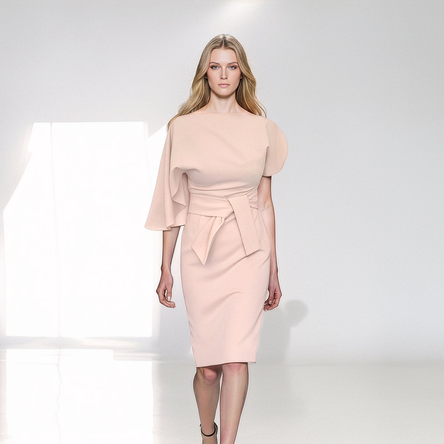 Elara Beige Draped Midi Dress