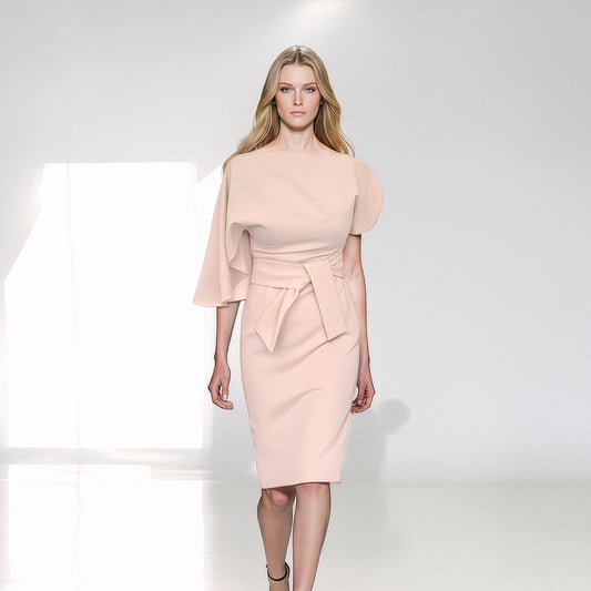 Elara Beige Draped Midi Dress