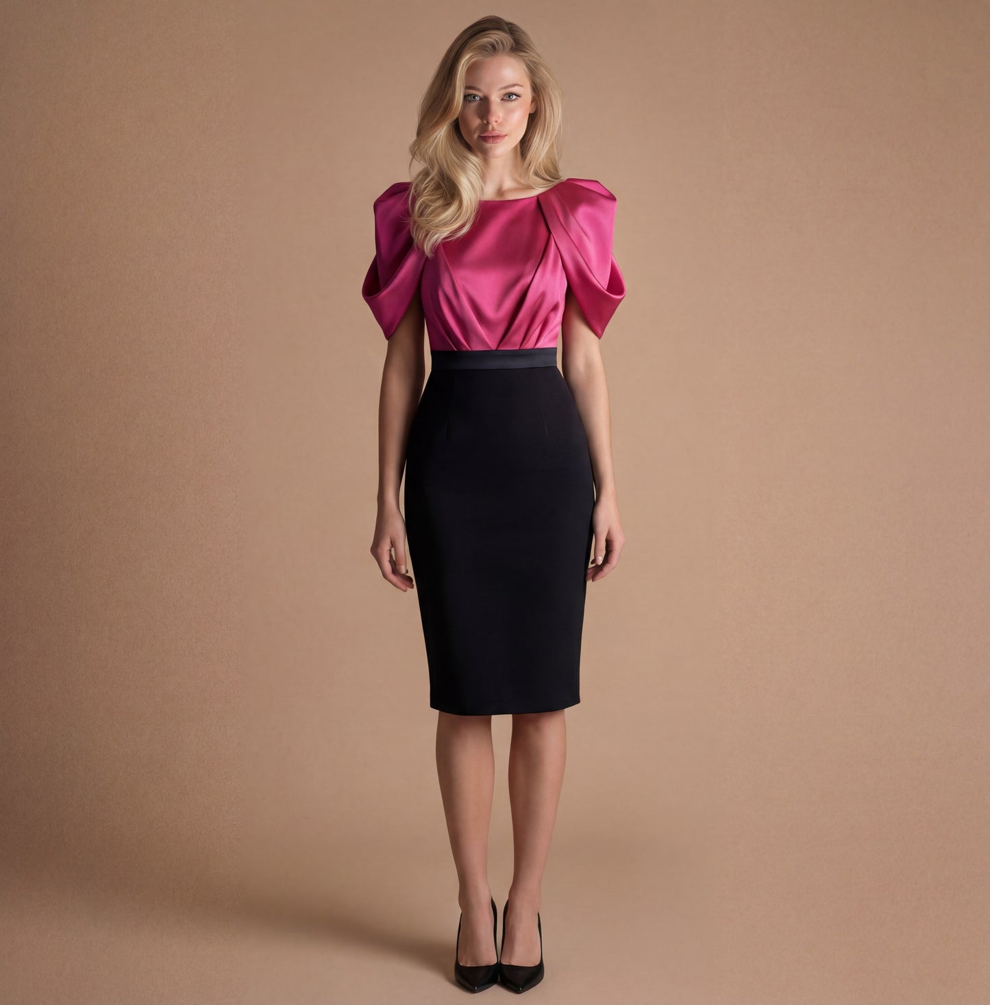 Cherry Pink Satin Floral Sleeve Black Crepe Pencil Skirt Dress