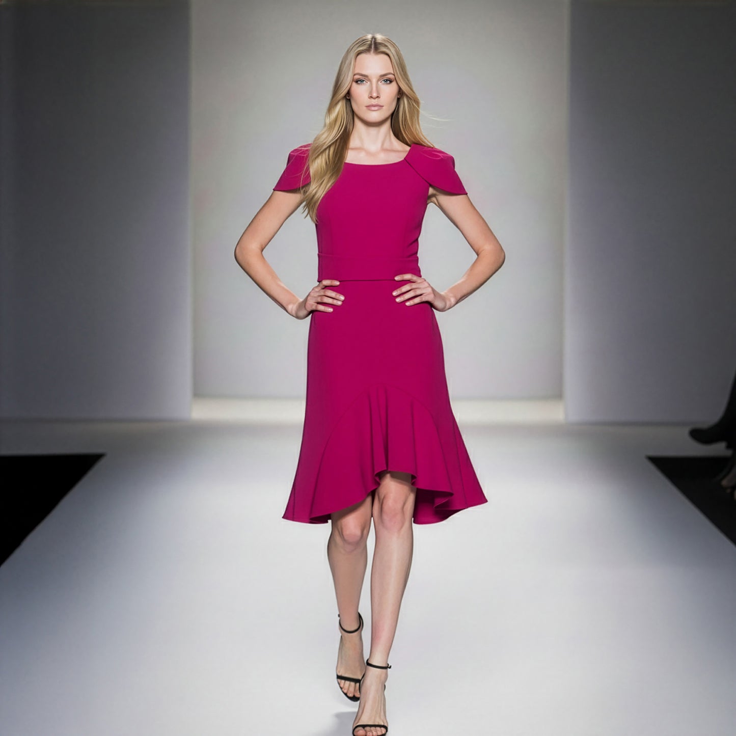 Fuchsia Floral Cape Sleeve Flare Dress