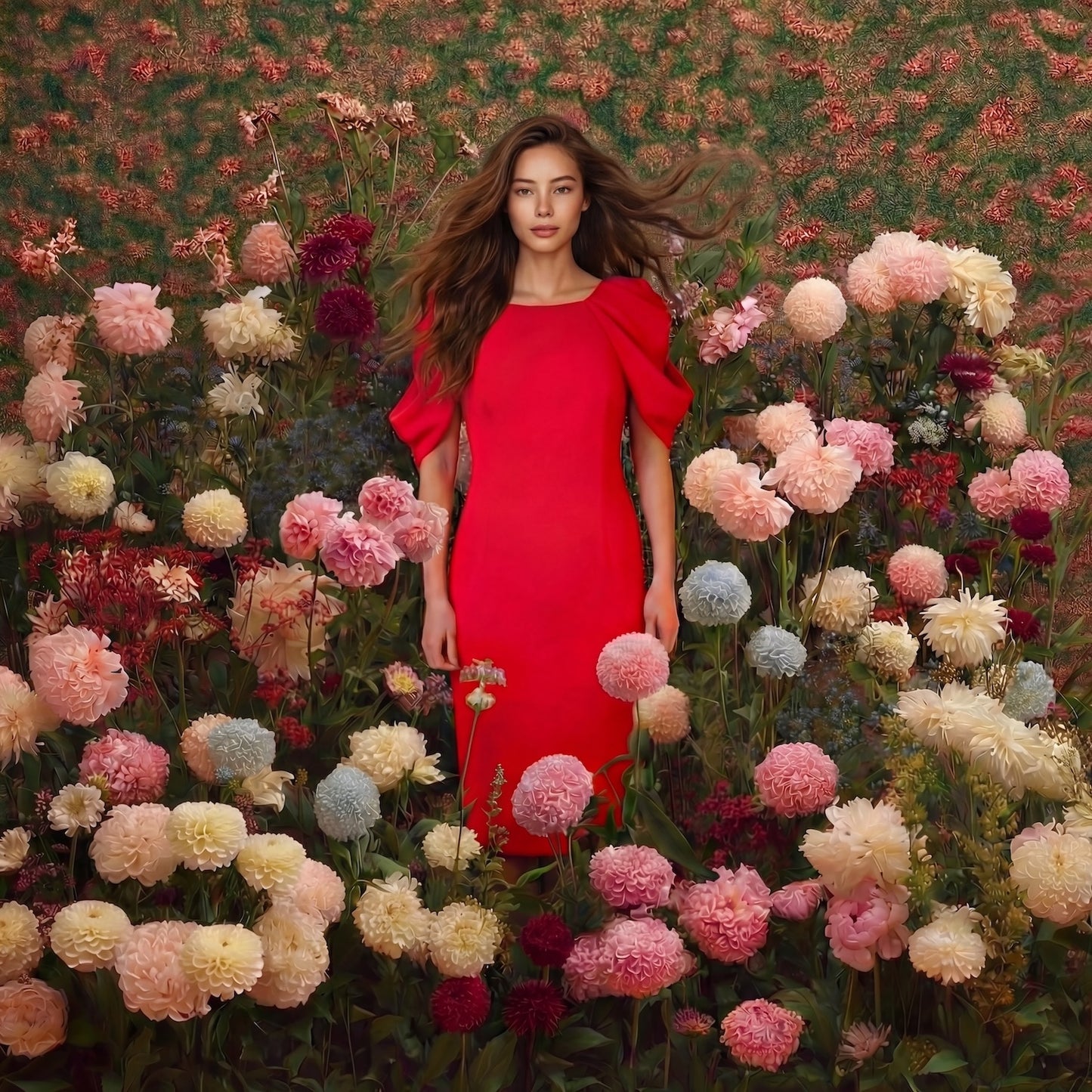 Red Floral Sleeve Crepe Dress