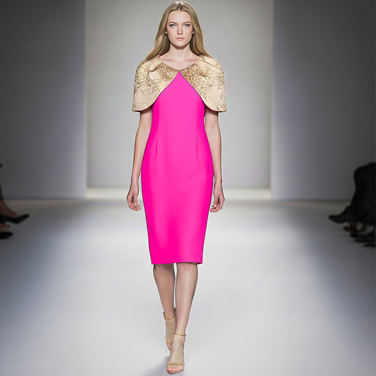 Gold Embroidered Jacquard Neon Pink Tulip