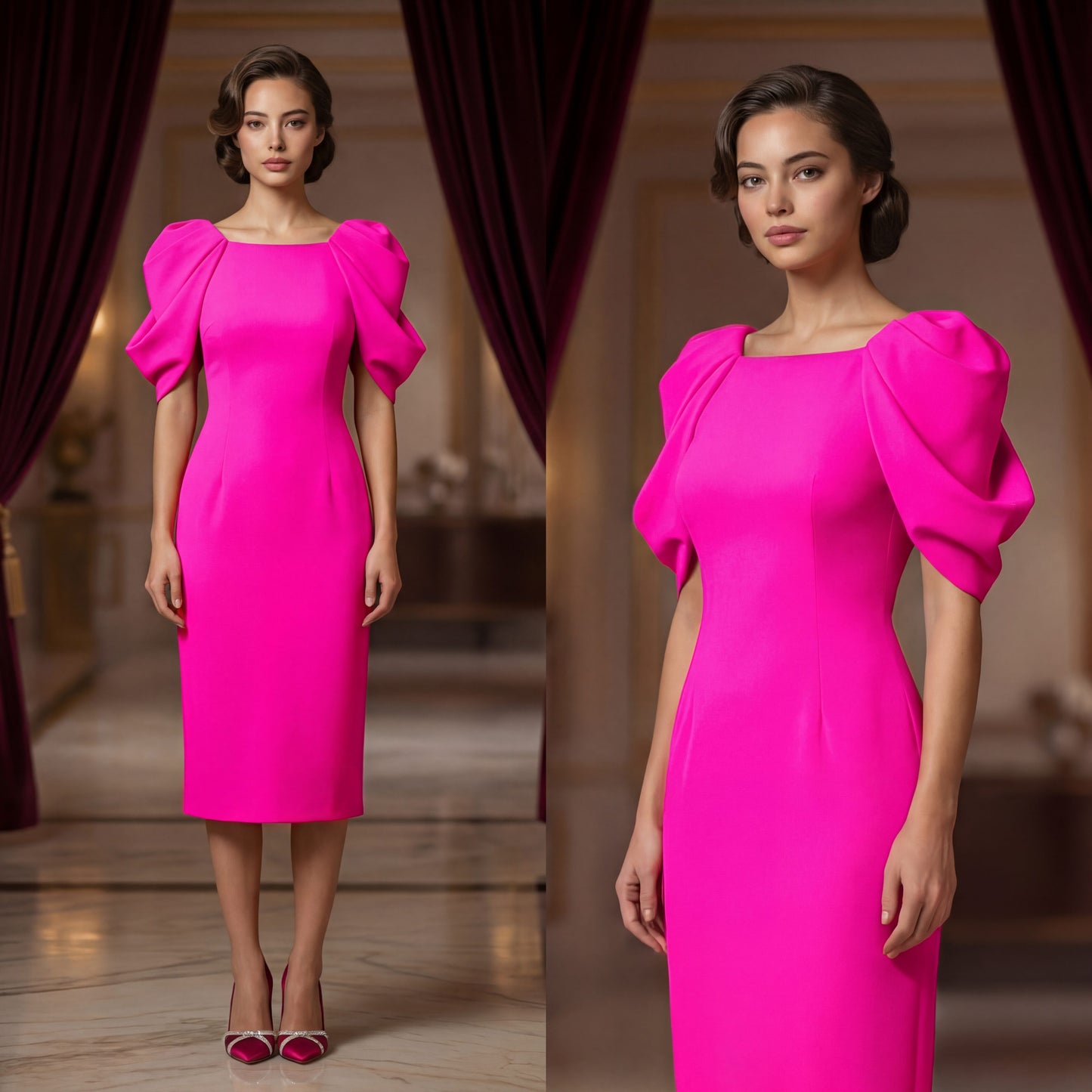 Neon Pink Floral Sleeve Crepe Dress