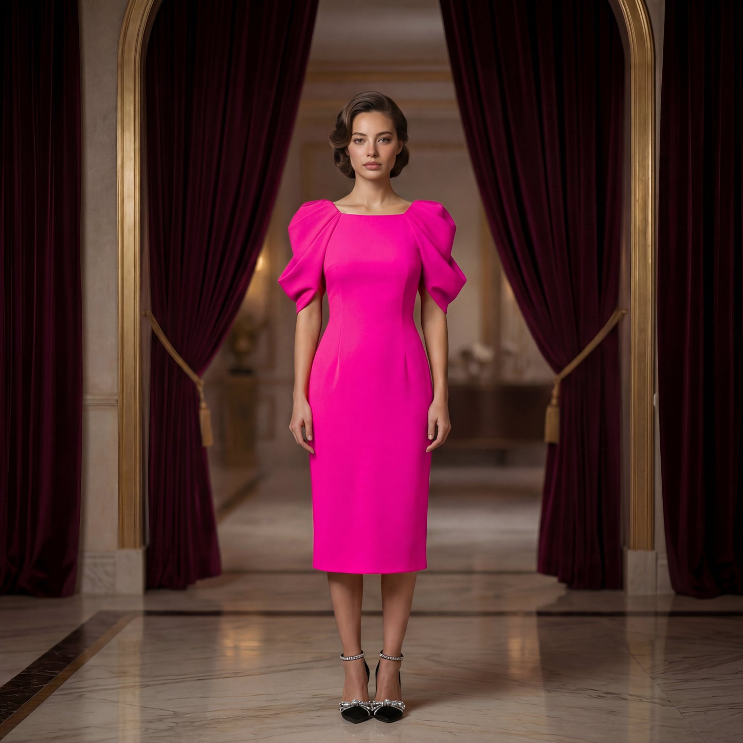 Neon Pink Floral Sleeve Crepe Dress