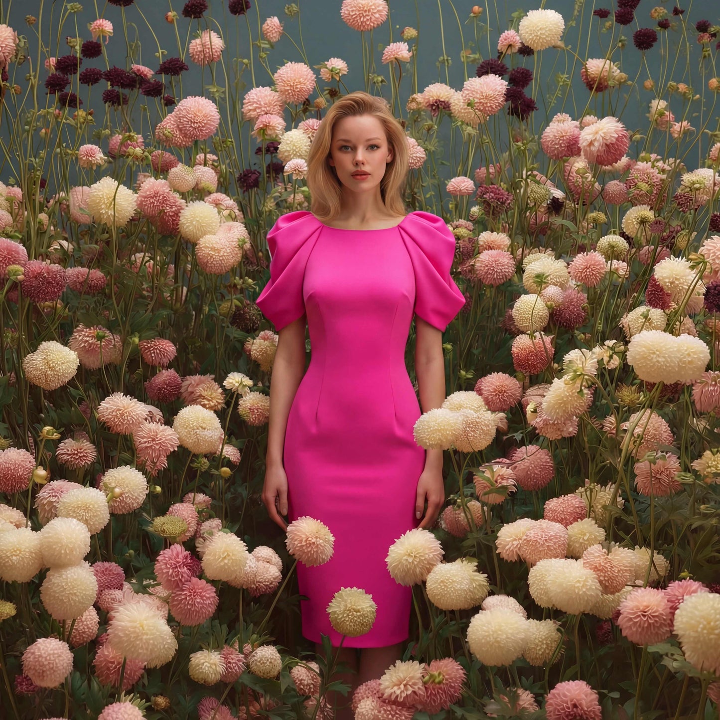 Neon Pink Floral Sleeve Crepe Dress