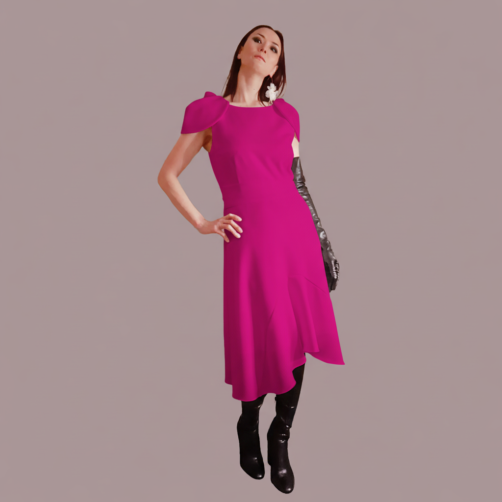 Fuchsia Floral Cape Sleeve Flare Dress