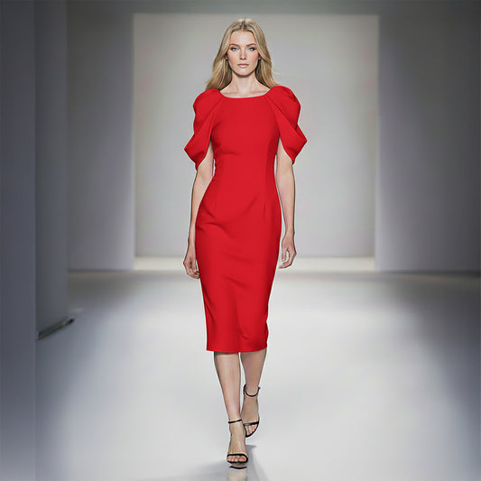 Red Floral Sleeve Crepe Dress