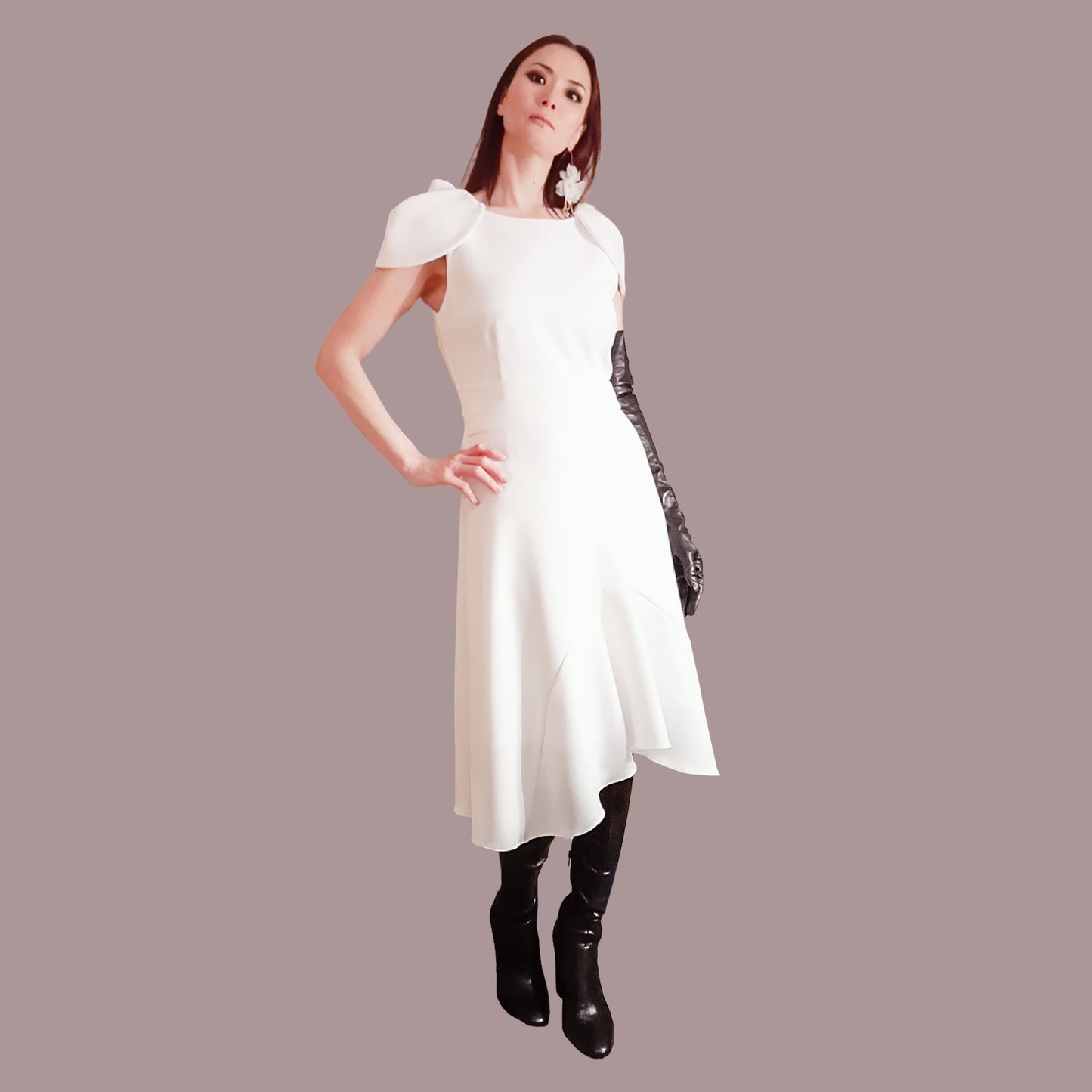 White Floral Cape Sleeve Flare Dress