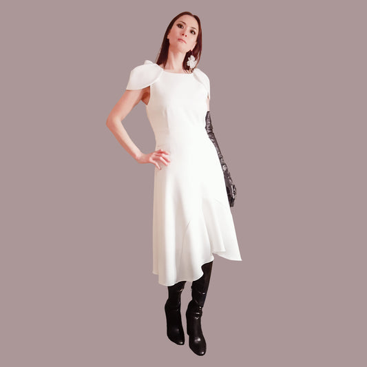 White Floral Cape Sleeve Flare Dress