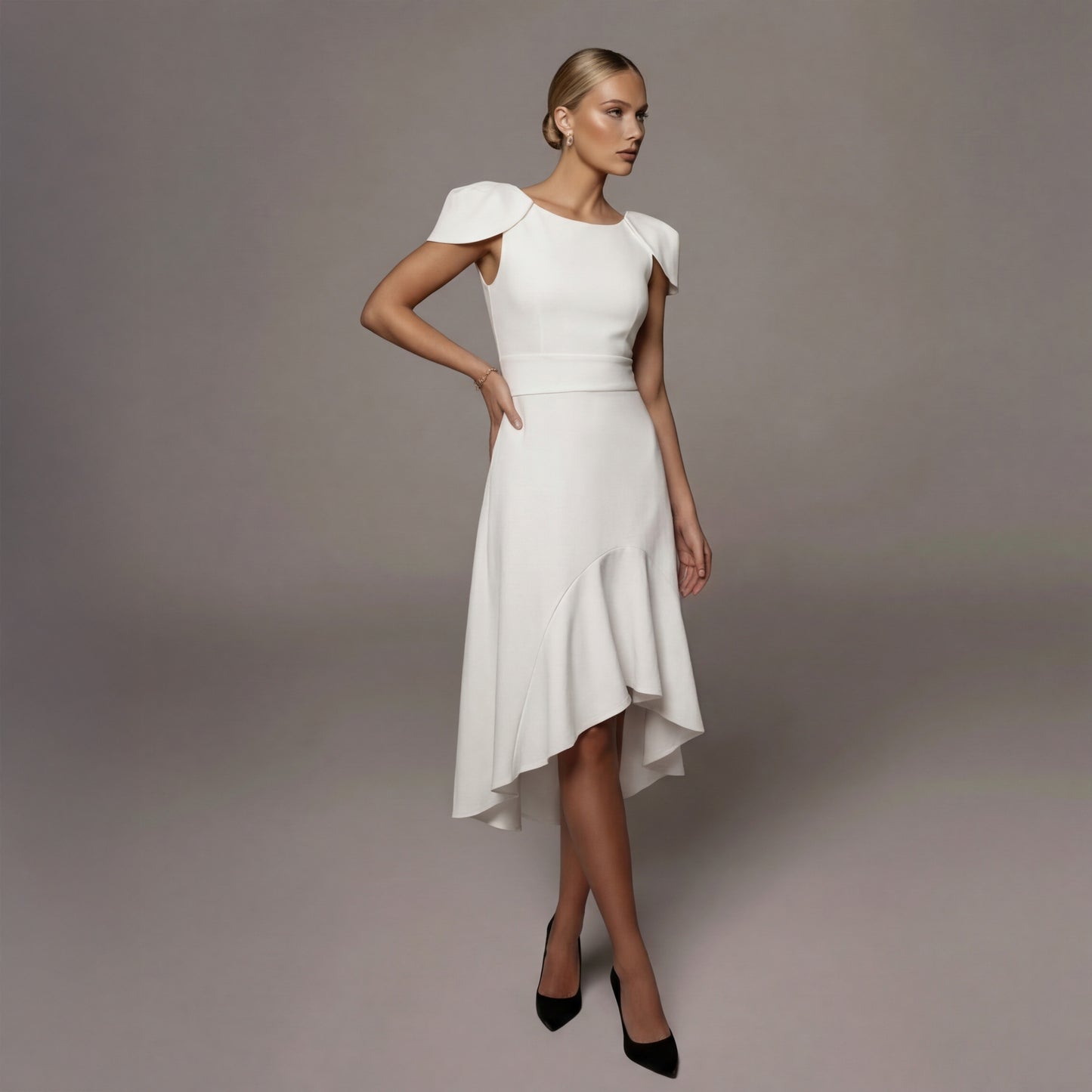 White Floral Cape Sleeve Flare Dress