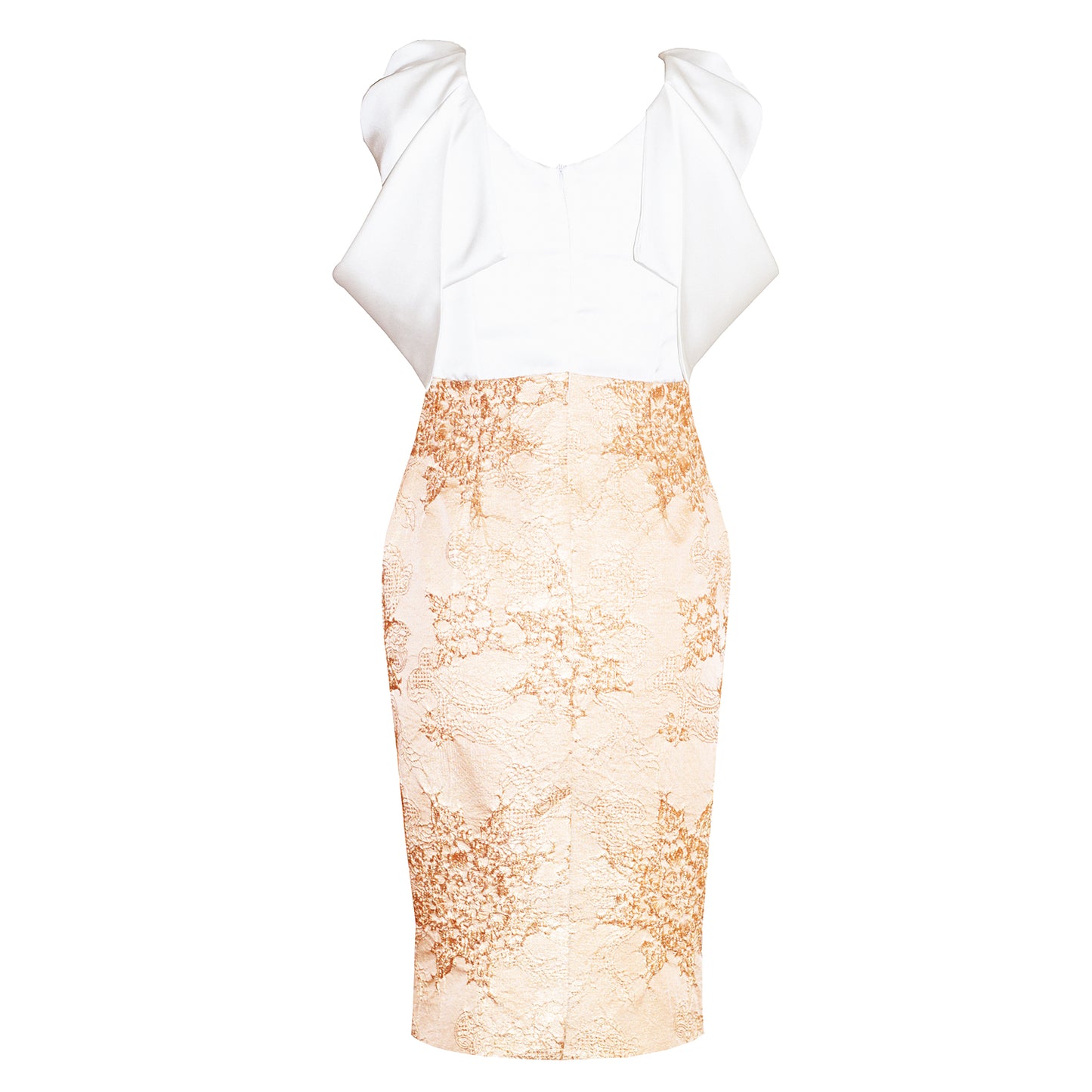 White Satin Floral Sleeve Gold Jacquard Embroidery Dress