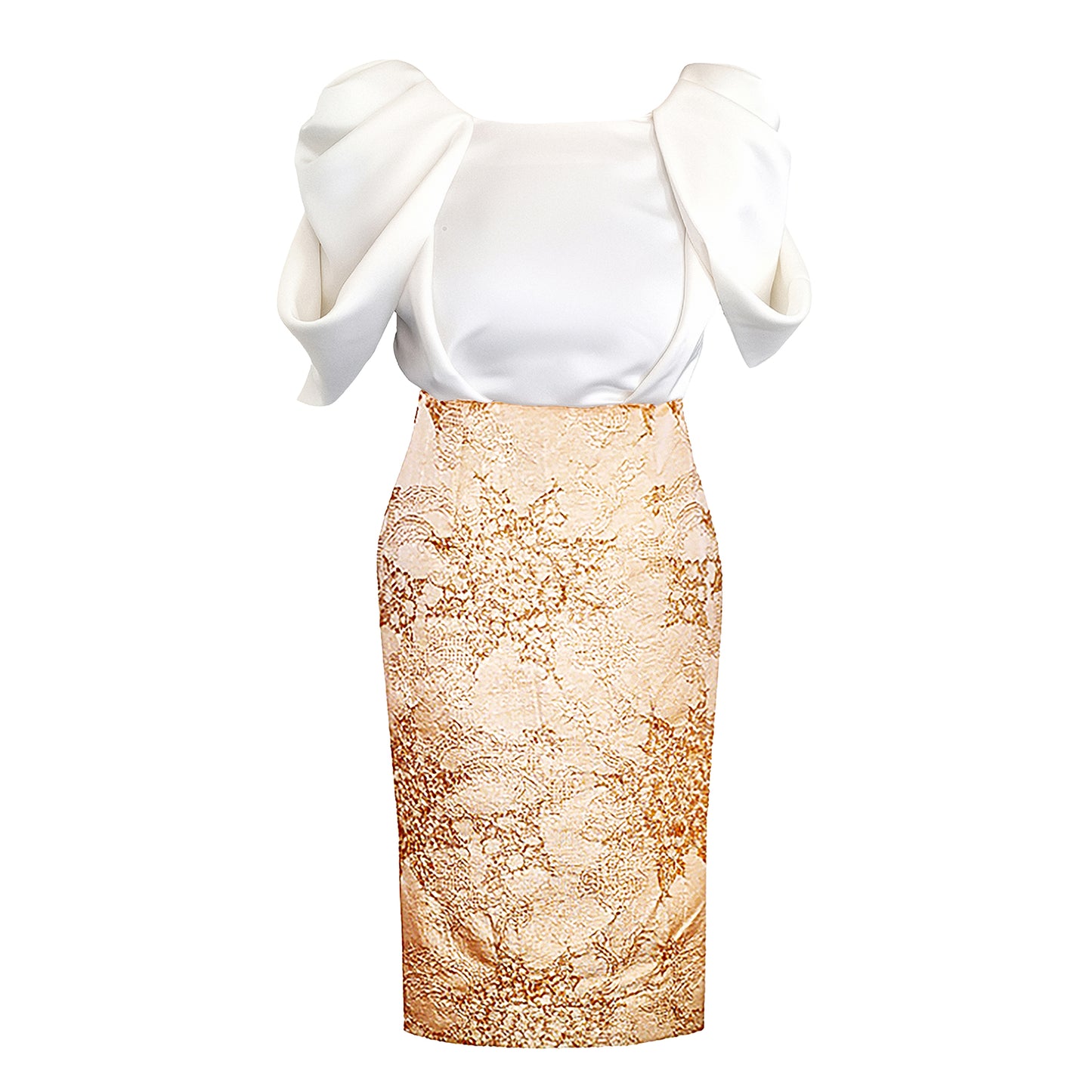 White Satin Floral Sleeve Gold Jacquard Embroidery Dress