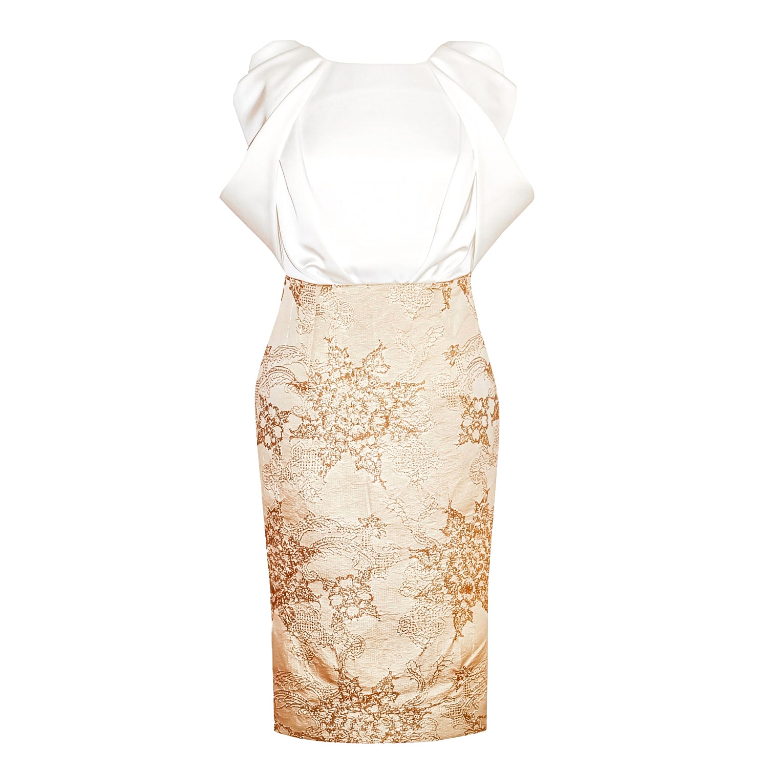 White Satin Floral Sleeve Gold Jacquard Embroidery Dress Sookyoung Song White Satin Floral Sleeve Gold Jacquard Embroidery Dress Sookyoung Song