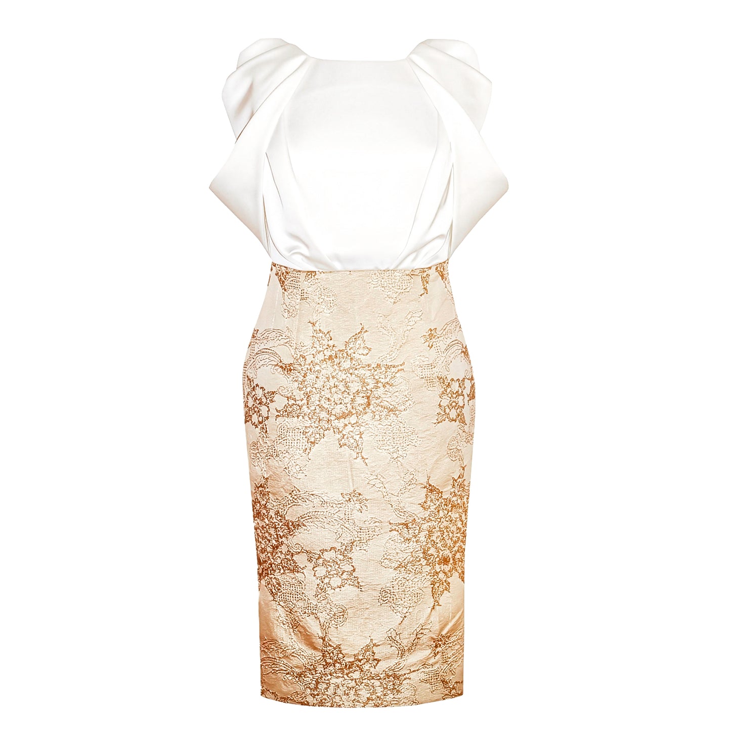 White Satin Floral Sleeve Gold Jacquard Embroidery Dress