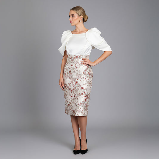 White Satin Floral Sleeve Silver Floral Jacquard Embroidery Dress