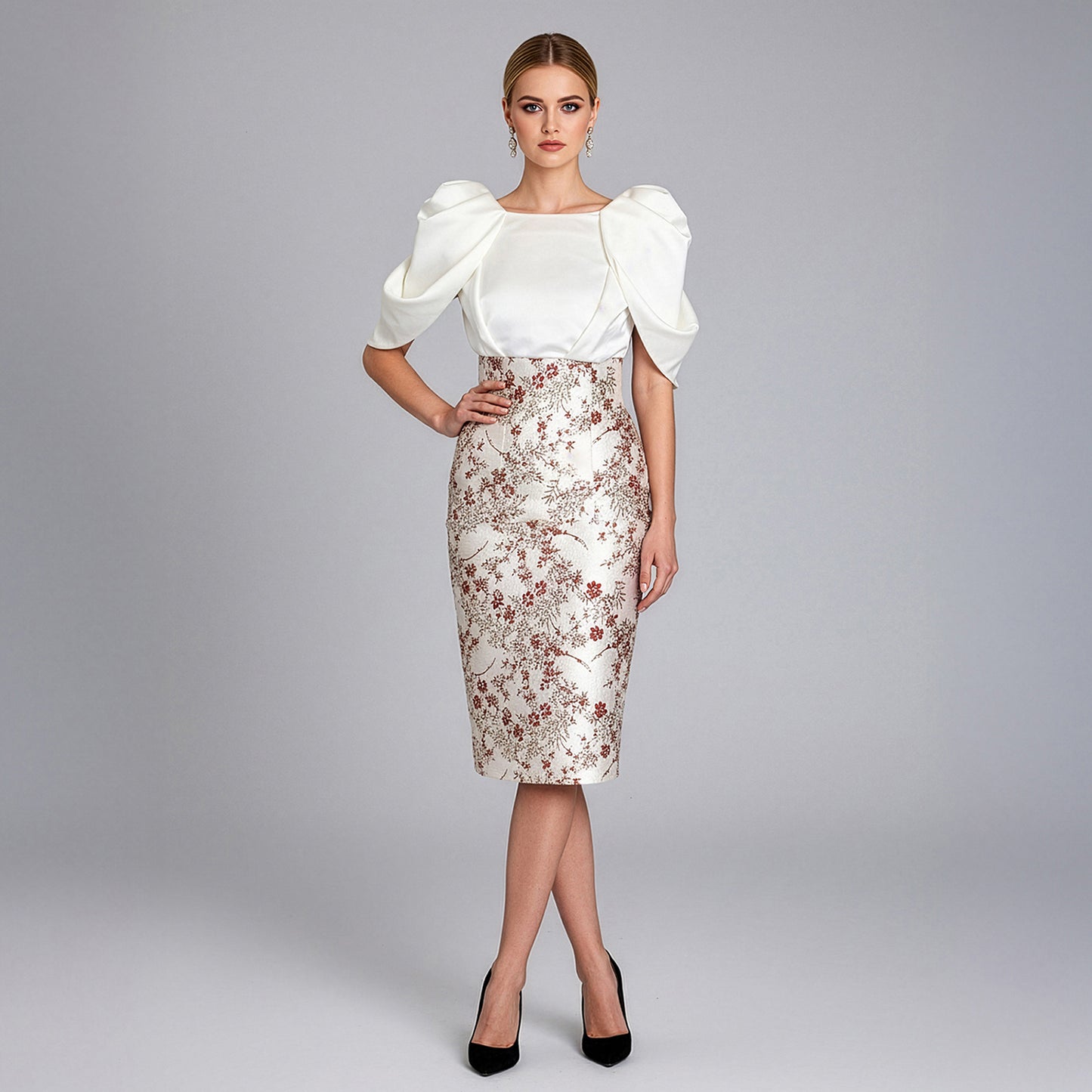 White Satin Floral Sleeve Silver Floral Jacquard Embroidery Dress