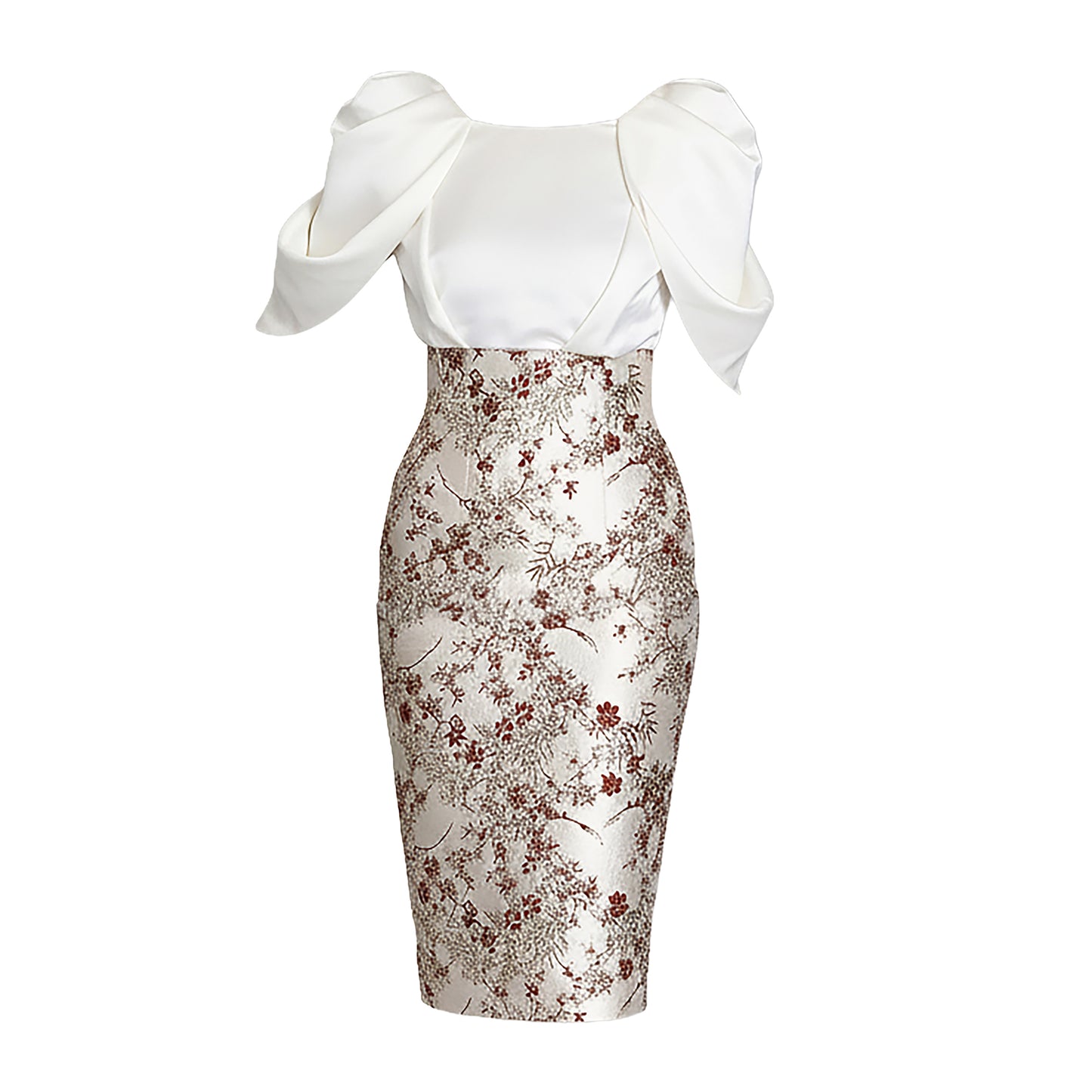 White Satin Floral Sleeve Silver Floral Jacquard Embroidery Dress